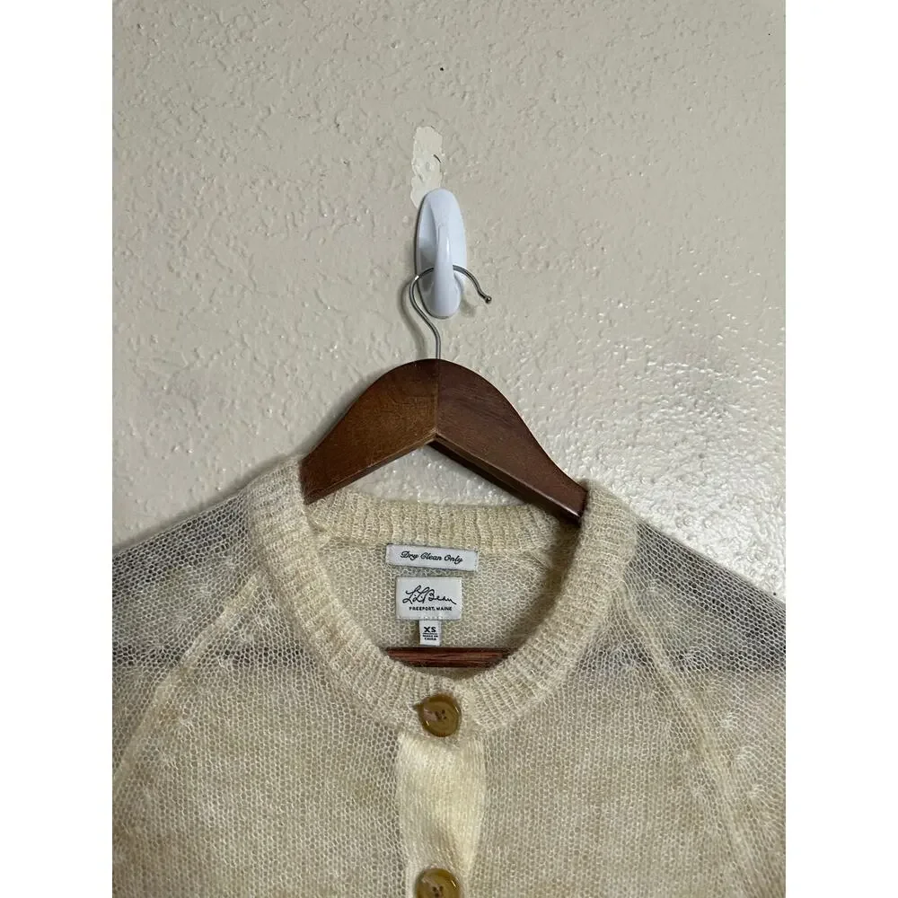 L.L.Bean Mohair Cardigan Sweater Fuzzy Sheer Halo Knit Ivory Womans XS